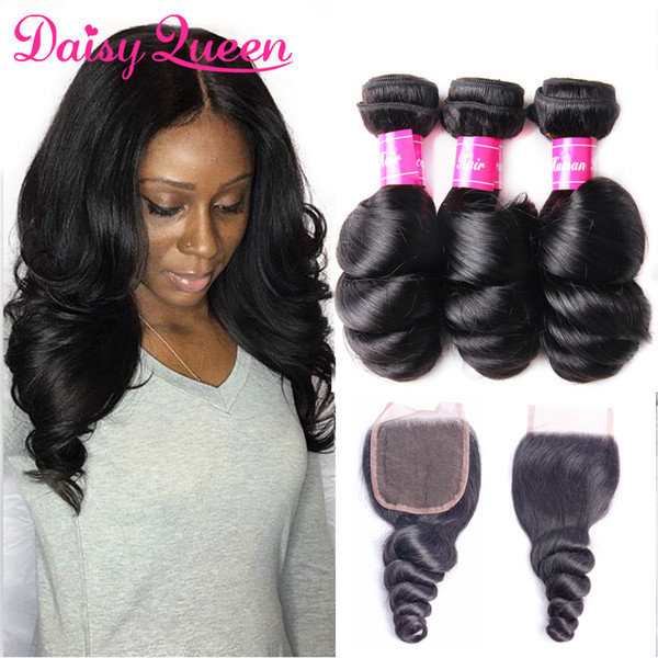 Loose Wave Brazilian Human Hair Bundles with Closure Brazilian Virgin Hair Loose Curly With Lace Closure Unprocessed 8A Hair Weave Extension