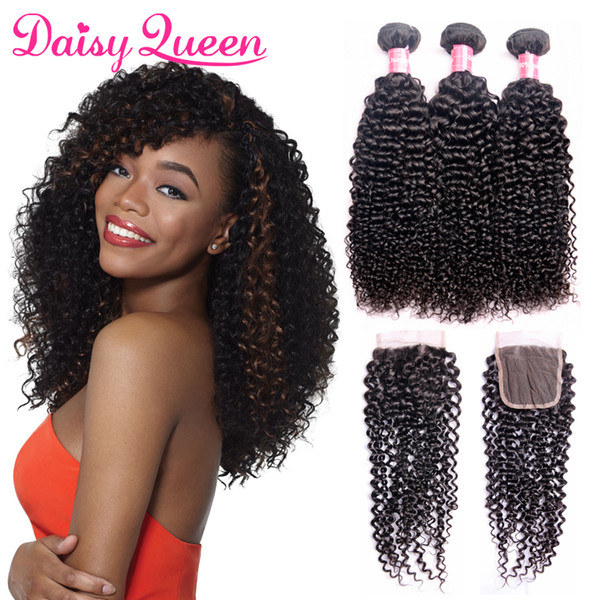 Grade 8A Malaysian Curly Hair With Closure Kinky Curly Virgin 3 Bundles Human Hair With Closure Wholesale Brazilian Peruvian Indian Curly