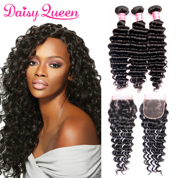 Brazilian Deep Wave With Closure 3pcs Hair Bundles With Lace Closure 8A Mink Brazilian Virgin Hair With Closure Unprocessed Human Hair Weave