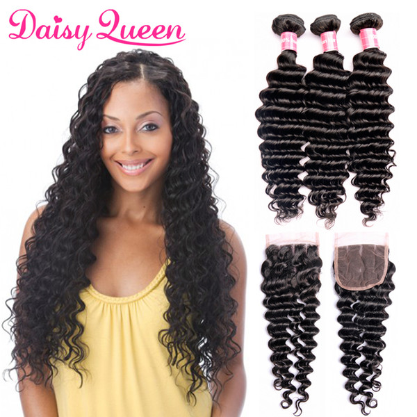 Deep Wave Peruvian Virgin Hair Weave Bundles With Closure Unprocessed Malaysian Indian Brazilian Remy Human Hair 3 Bundles With Lace Closure