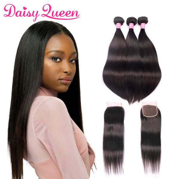 8A Brazilian Virgin Hair with Closure Extensions 3 Bundles Brazilian Straight Hair With 4x4 Lace Closure Unprocessed Remy Human Hair Weave