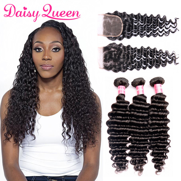 Malaysian Deep Wave Bundles With Closure 8A Virgin Unprocessed Peruvian Indian Brazilian Human Hair Extensions 3 Hair Wefts With Lace Closur