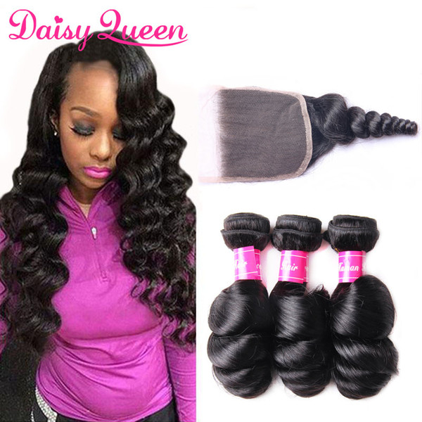 8A Brazilian Loose Wave Virgin Hair 3 Bundles with Lace Closure Wholeslae Malaysian Cambodian Peruvian Remy Human Loose Curly Hair Extension