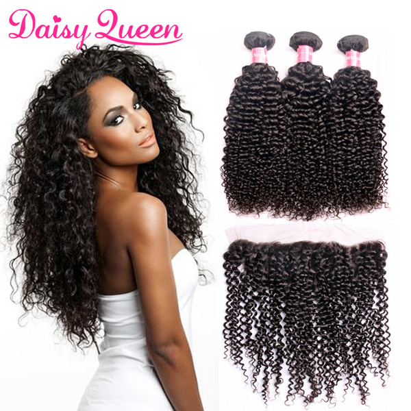 8A Brazilian Virgin Hair Kinky Curly With Lace Frontal Closure Wholesale 3pcs Hair Weave Bundles With 13x4 Ear to Ear Lace Frontal Closure