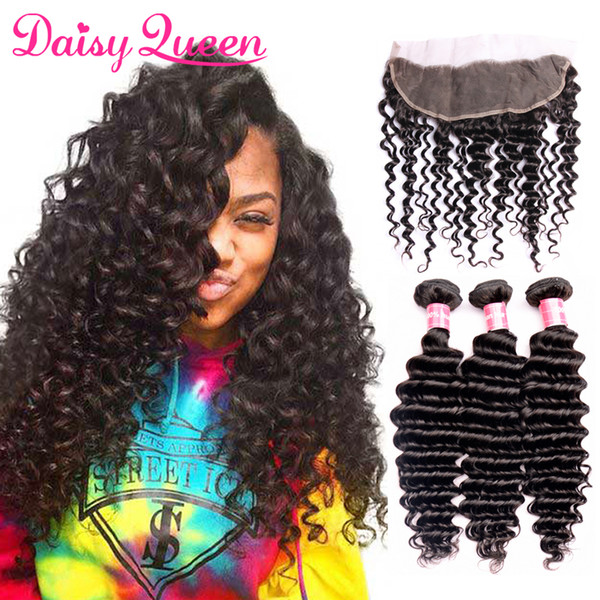 8A Brazilian Deep Wave 3 Bundles with Lace Frontal Closure Wholesale Peruvian Indian Malaysian Virgin Hair Curly Weave Human Hair Extensions