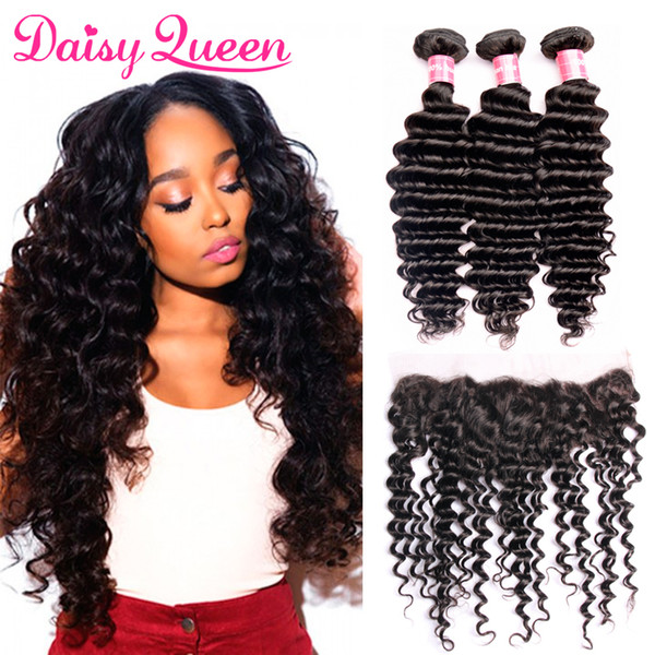 Ear To Ear 13x4 Lace Frontal Closure With 3 Bundles Brazilian Deep Wave Unprocessed Curly Virgin Human Hair Weaves Extensions 8A Grade