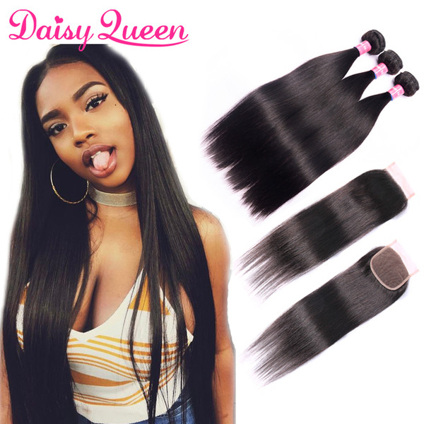 8A Brazilian Virgin Hair Straight Bundles With Closure Unprocessed Virgin Straight Human Hair with Closure Brazillian Hair Weave Extensions