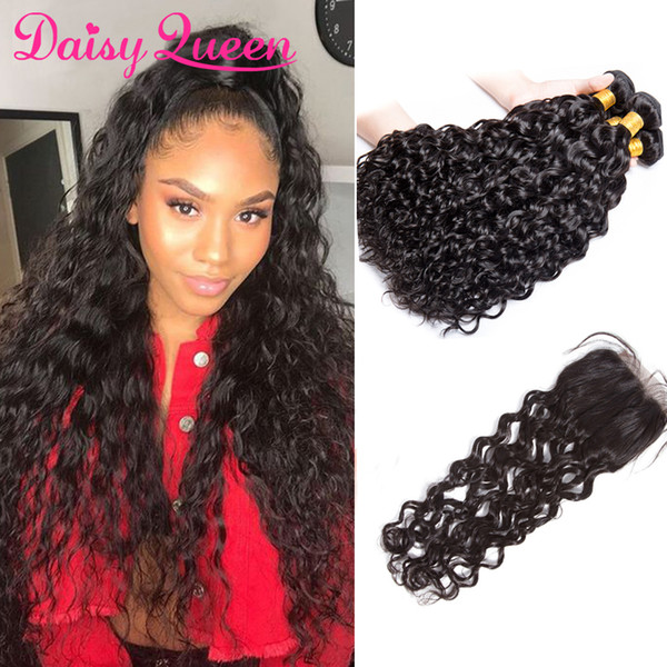 Indian Water Wave Hair 3 Bundles With Lace Closure Raw Indian Natural Wave Hair With Closure Indian Wet Wavy Human Hair Extensions