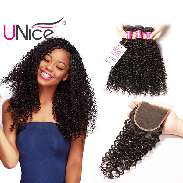 UNice Hair Brazilian Curly Wave 3 Bundles With Closure Free Part Hair Weave Bundles Virgin Human Hair Three Middle Part Weaves With Closure