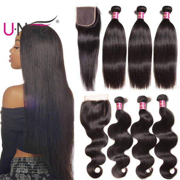 UNice Hair Brazilian Body Wave Bundles With Closure Straight Hair Weave Closure and Bundles Human Hair Extensions Wholesale Cheap Bulk