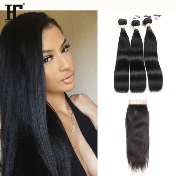 HC Hair 4X4 Brazilian Lace Closure With 3 Bundles Silk Straight Human Hair With Closure Brazilian Peruvian Malaysian Indian Virgin Hair