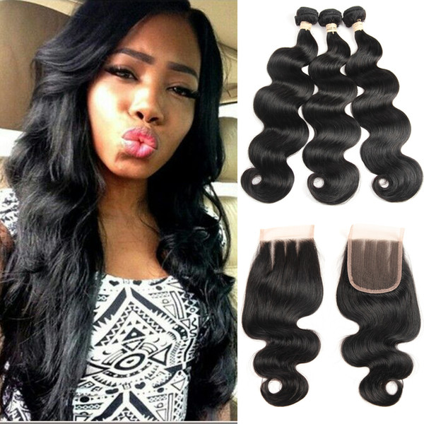 Brazilian Straight Hair 3 Bundles With Lace Closure Remy Human Hair Bundles Free Middle Three 4*4 lace Closure