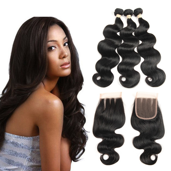 Brazilian Virgin Hair Bundles Body Wave 3 Bundles with Lace Closure Brazilian Indian Peruvian Malaysian Unprocessed Human Hair Extensions