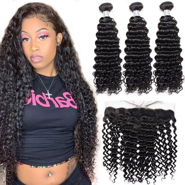 Malaysian Deep Curly Wave Bundles With Frontal Closure M Remy Human Hair 3 Bundles With 13x4 Ear To Ear Frontal Closure