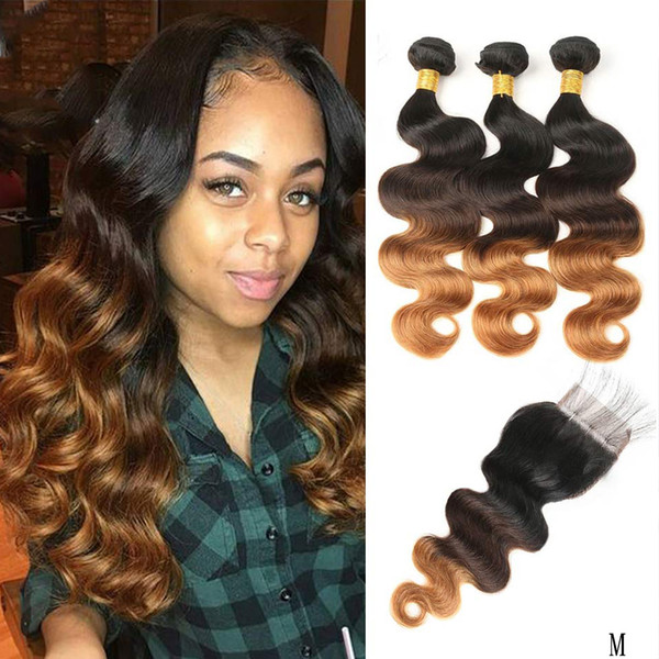 Ombre Bundles With Closure Peruvian Body Wave T1B/4/30 Color 100% Human Hair Weaves 3 Tone Remy Hair Extensions