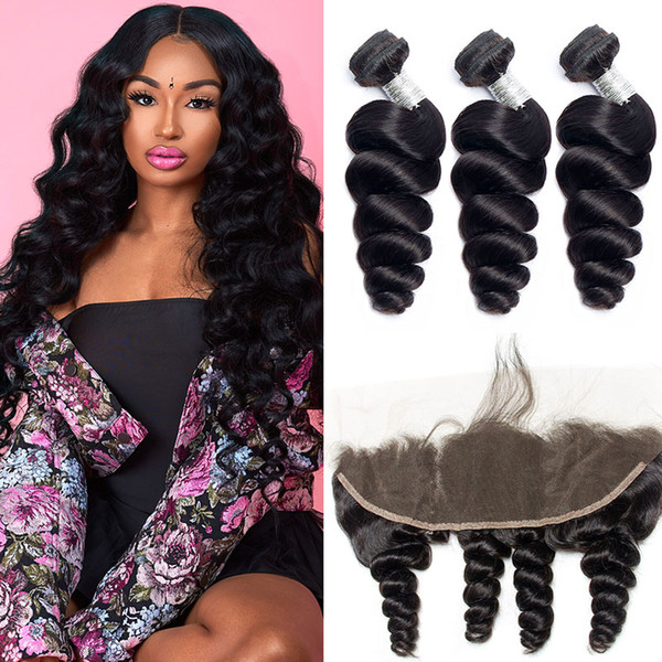 Peruvian Loose Wave 3 Bundles With Frontal Closure Remy Human Hair Weave Extension Pre Plucked Frontal With Bundle