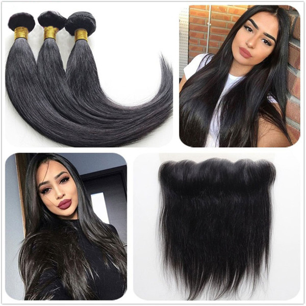 13x4 Lace Frontal with 3 Bundles Brazilian Straight Hair with Frontal Closures Ear to Ear Lace Frontal Closure with Bundles (14 16 18+12)