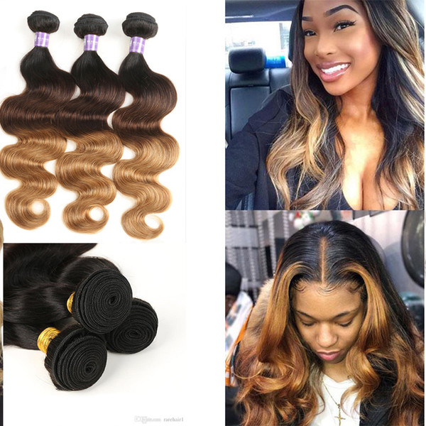 RARE HAIR T1B/4/27 Brown Honey Blonde Brazilian Ombre Human Hair Weave Bundles Silky Straight Body Wave Ombre Indian Remy Hair