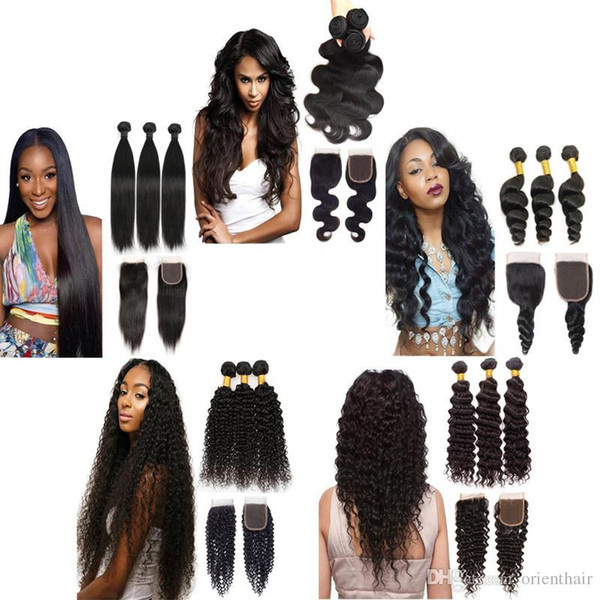 VIYA 7A Brazilian Virgin Human Hair 3Bundles With 4*4 Swiss Closure Silky Straight Loose Deep Body Wave Kinky Curly Unprocessed Can Be Dyed