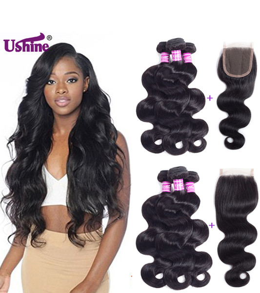 Ushine Brazilian Body Wave Virgin Hair with Closure 3 Bundles with Lace Closure Free Part 8A 100% Unprocessed Human Hair Bundle Weaves