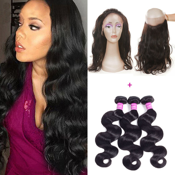 Ushine Brazilian Virgin Human Hair Weave Bundles With 360 Lace Closure Brazillian Peruvian Body Wave Human Hair Extensions Wet and Wavy