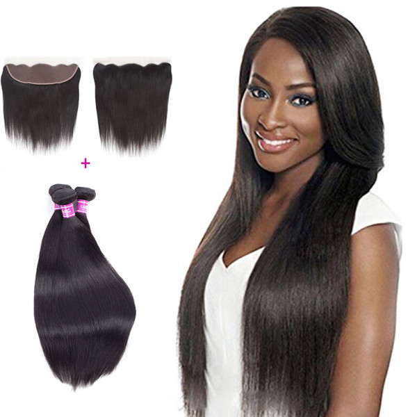 Ushine Malaysian Straight Virgin Hair Weaves Extensions With Lace Frontal Closure 1pcs 13x4 Lace Frontal With 3Pcs Human Hair Bundles