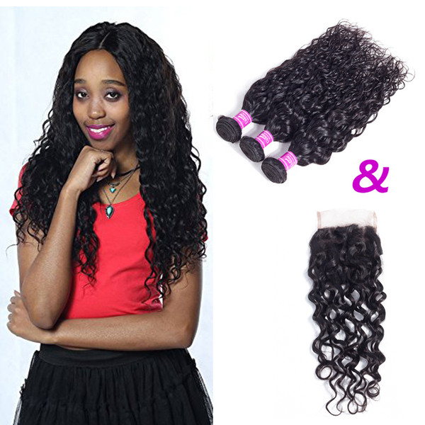 Ushine Chinese Indin Virgin Hair Water Wave Bundles With Closure 100% Unprocessed 7A 3-5 Bundles Natural Color