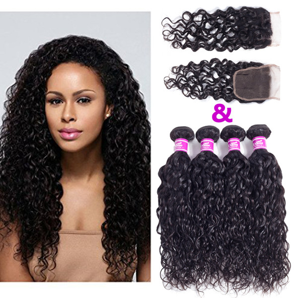 Ushine Brazilian Peruvian Virgin Human Hair Water Wave Extensions 4Bundles With Closure 7A Gread 100% Unprocessed