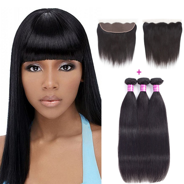 Ushine Ear to Ear 13*4 Lace Frontal With Bundles Brazilian Straight Human Hair Weaves Closures 100% Unprocessed Remy Human Hair