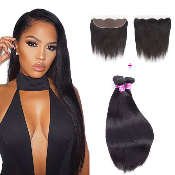 Ushine Brazilian Virgin Straight Human Hair With Lace Frontal Closure 2-3 Bundles With 13x4 Ear to Ear Lace Frontal Closure Weaves Closure