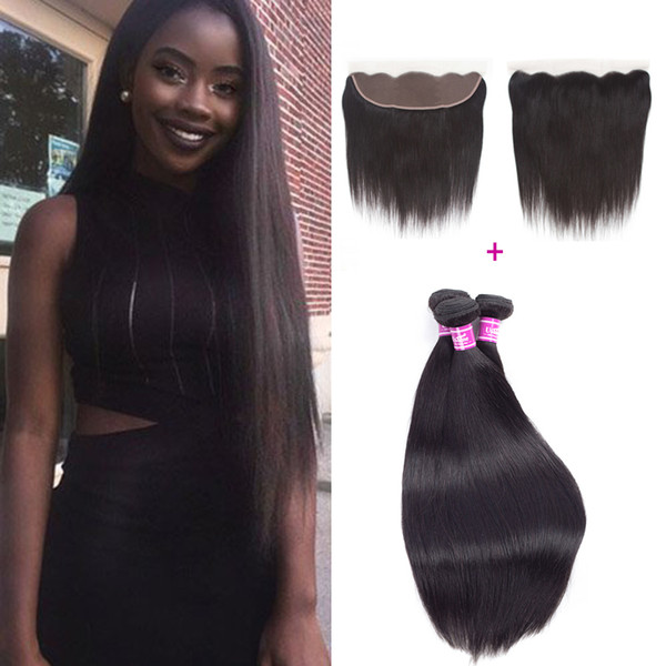 Ushine Indian Straight With Closure 13x4 Full Ear To Ear Lace Frontal Closure With Bundles Indian Hair Weave Bundles With Closure