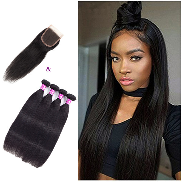 8A Straight Hair With Closure 100% Human Hair Wet And Wavy With Closure Malaysian Hair With Free Middle 3 Part 4*4 Lace Closure