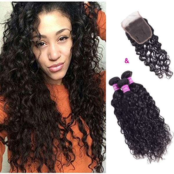 8A Water Wave With Closure 100% Human Hair Wet And Wavy With Closure Malaysian Hair With Free Middle 3 Part 4*4 Lace Closure