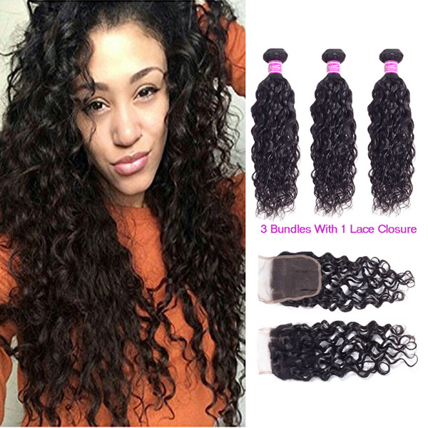 Ushine Brazilian Virgin Human Hair Water Wave Hair Bundles With 4*4 Lace Closure 3-5 Bundles With 4x4 Lace Closure Weaves