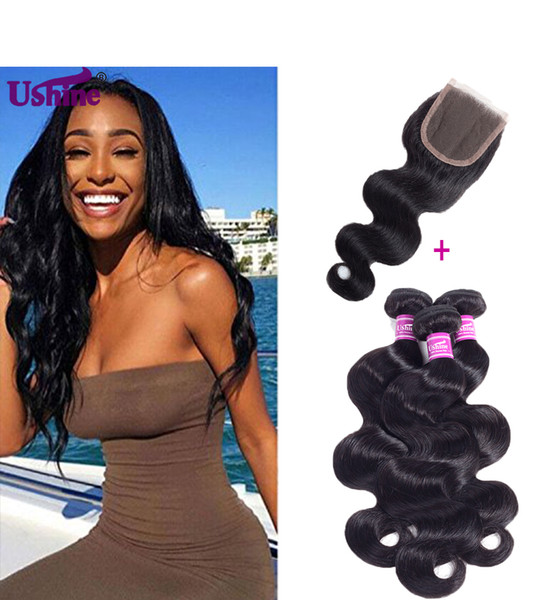 Ushine Body Wave Hair Bundles With 4*4 Lace Closure Unprocessed Brazilian Peruvian Virgin Hair Lace Closure Cheap Human Hair Extensions