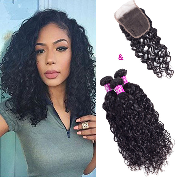 Ushine Peruvian Brazilian Virgin Water Wave Human Hair Bundles With Free Part 4*4 Lace Closure 7A Grade 100% Unprocessed Cheap Price