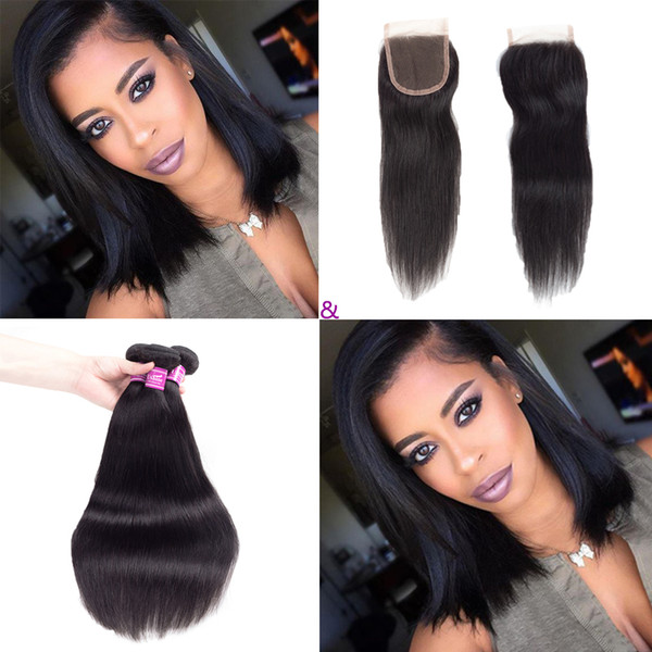 Ushine Brazilian Peruvian Virgin Straight Hair Bundles With Free Part 4*4 Closure Natural Color 100% Unprocessed Human Hair Weave Weft