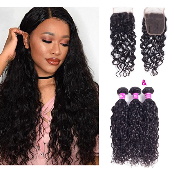 Ushine Brazilian Peruvian Water Wave Human Hair With Lace Closure 8A Grade Soft And Silky Indian Malaysian High Quality Human Hair