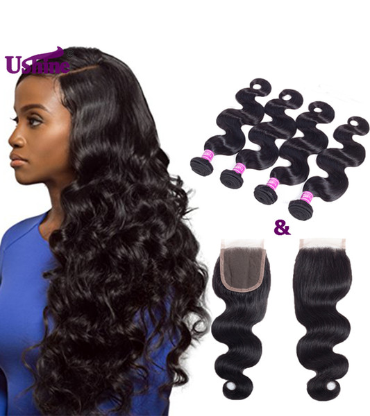 Ushine Brazilian Peruvian Virgin Body Wave Human Hair Bundles With Free Part 4*4 Closure Natural Color 100% Unprocessed Human Hair Extension