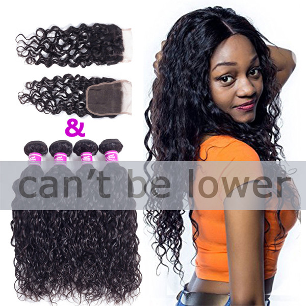 Ushine 7A Grade Brazilian Water Wave Hair 3-5 Bundles With Closure Free Part 100% Unprocessed Wet And Wavy Human Hair Extensions