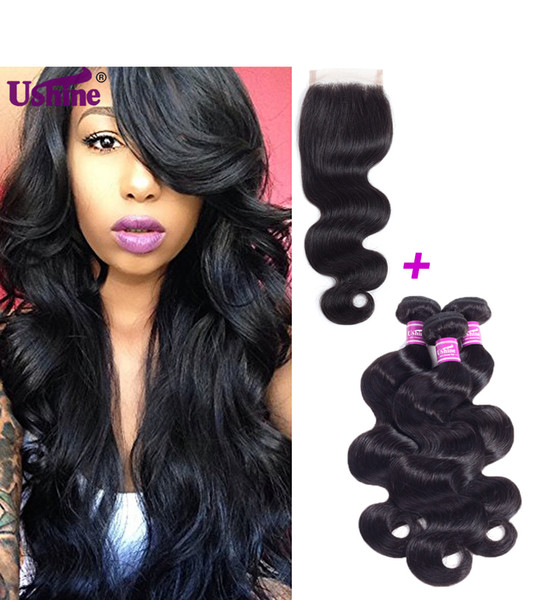 Ushine Indian Malaysian Body Wave Human Hair Bundles With 4*4 Lace Closure 100% Unprocessed Natural Color 3-5 Bundles Can Be Colored