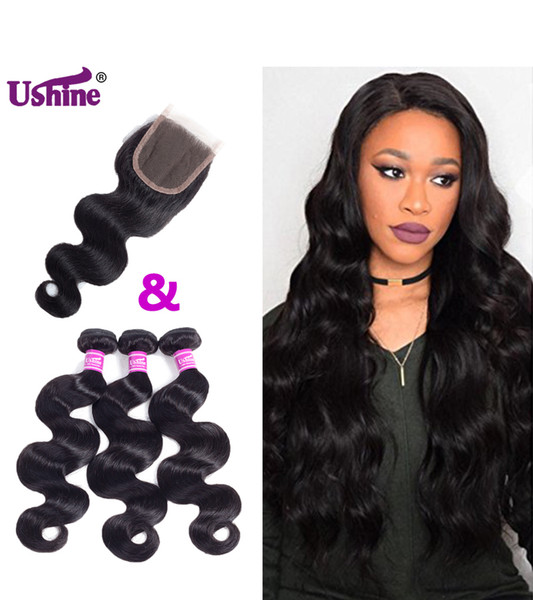 Ushine Brazilian Peruvian Virgin Body Wave 3-5 Bundles With Free Part 4*4 Lace Closure Natural Color 100% Unprocessed Human Hair Weave Weft