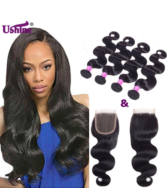 Ushine Brazilian Body Wave Human Hair With 4*4 Closure Unprocessed Peruvian Malaysian Indian Virgin Human Hair Extensions Remy Hair Wefts