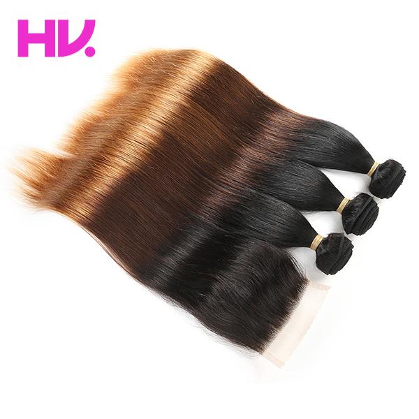 Ombre indian straight Human Hair Bundles with 4*4 Lace Closure Free Part middle part Remy Hair 3 Bundles with Closure T1B/4/30