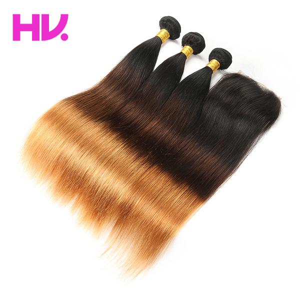 Ombre malaysian straight Human Hair Bundles with 4*4 Lace Closure Free Part middle part Remy Hair 3 Bundles with Closure T1B/4/30