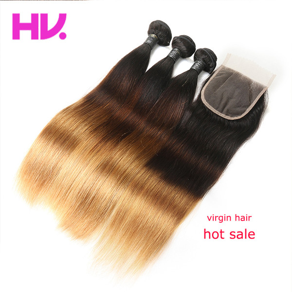 9a hair villa Pre-Colored Ombre malaysian Straight Hair With Closure #1b/4/27 4*4 Remy Ombre Human Hair Weave Lace Closure