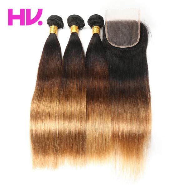 Ombre malaysian straight Human Hair Bundles with 4*4 Lace Closure Free Part middle part Remy Hair 3 Bundles with Closure T1B/4/27