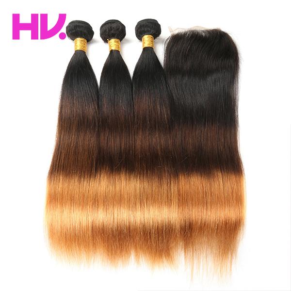 Ombre straight Hair Bundles with Closure brazilian Remy Hair 3 Bundles with 4*4 Closure T1B/4/30 hair extension hv store