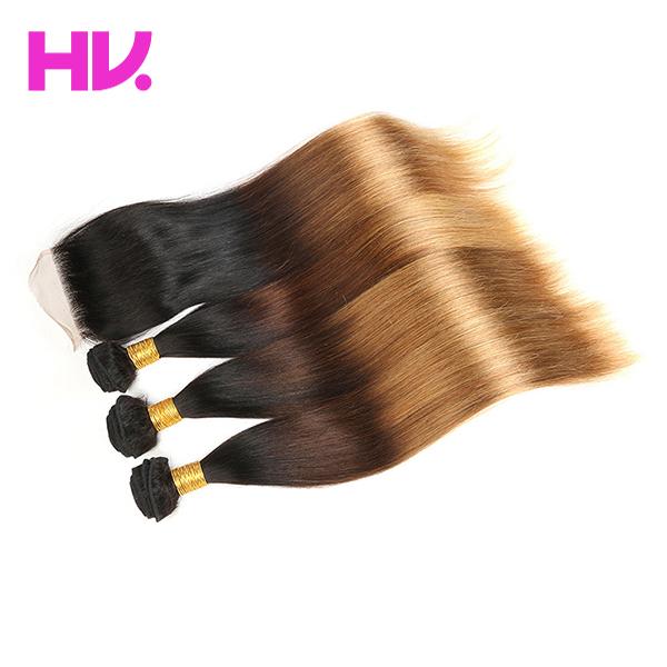 Ombre peruvian straight Human Hair Bundles with 4*4 Lace Closure Free Part middle part Remy Hair 3 Bundles with Closure T1B/4/27