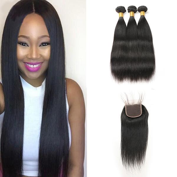 Brazilian Hair With Closure Extensions straight 3 Bundles Hair With 4*4 Lace Closure Unprocessed Remy Human Hair Weave